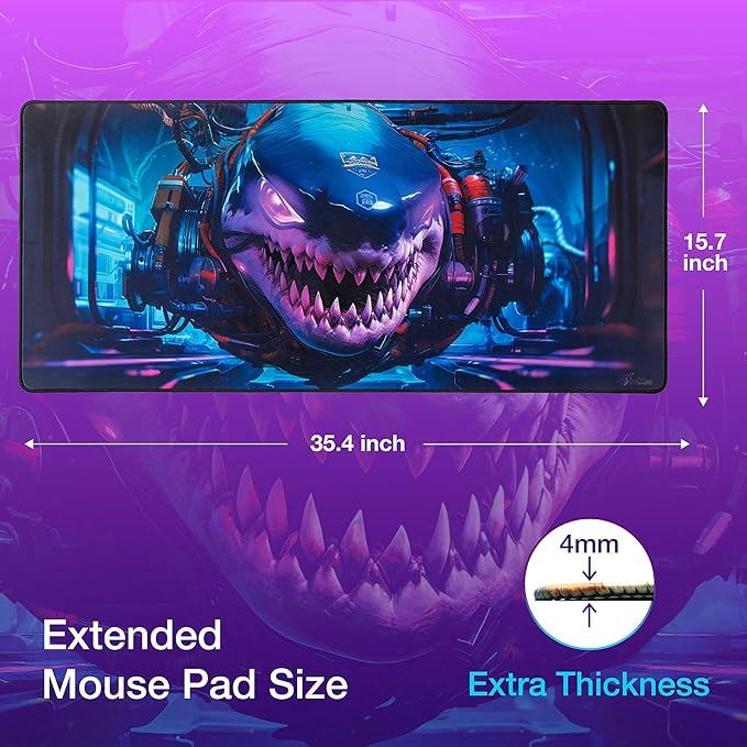 GUNMJO Shark Extended Gaming Mouse Pad, Ultra-Smooth Surface for Pixel-Precise Mouse Control, Durable Anti-Fray Stitching, Non-Slip Rubber Base, for Gamer, Office & Home, Light & Portable