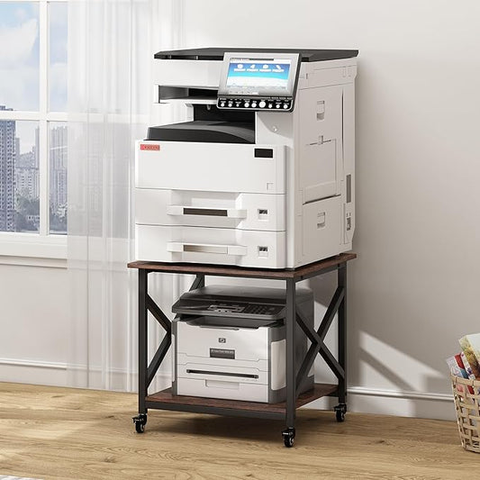 Large Printer Stand, 23.6 x 23.6 x 22.6 Inches Square Printer Table with Storage Shelf, 2 Tier Rolling Printer Cart with Industrial Wheels for Home Office - Rustic Brown