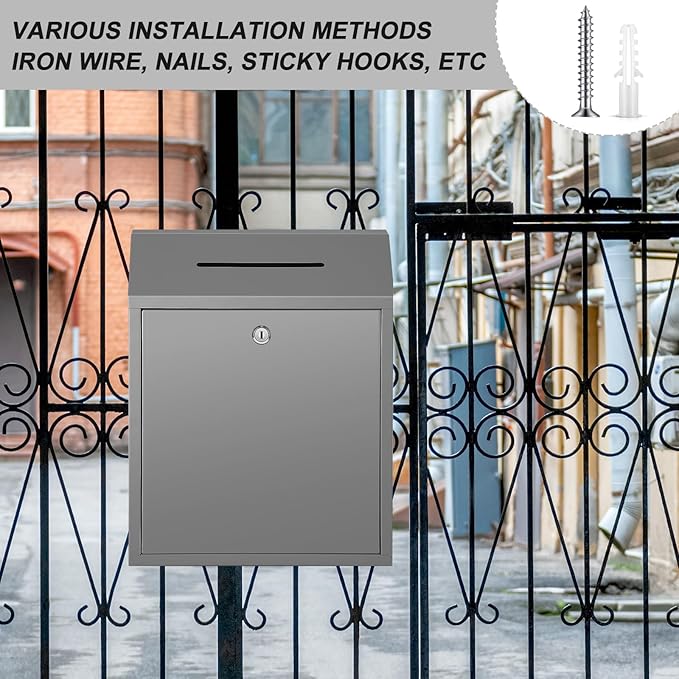 Metal Donation Cash Box Collection Safe Suggestion Box with Lock Wall Mounted Mailbox Delivery Ballot Container for Home Office Outdoor Door(Grey,15 x 12 x 4 Inch)