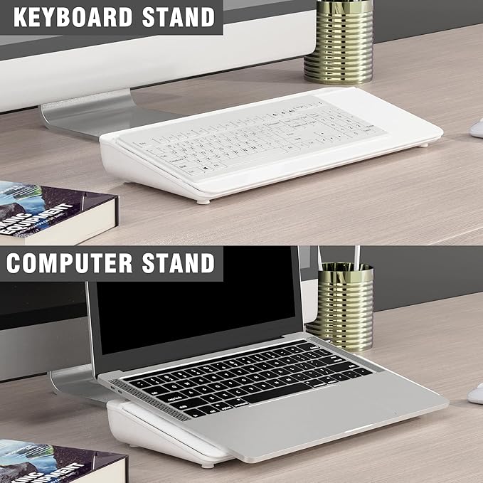 SELEAD Desktop Glass Whiteboard with Organizer & Built-in Mirror, Small Dry Erase White Board Computer Pad Keyboard Stand for Home, School, Office Desk Accessories - White