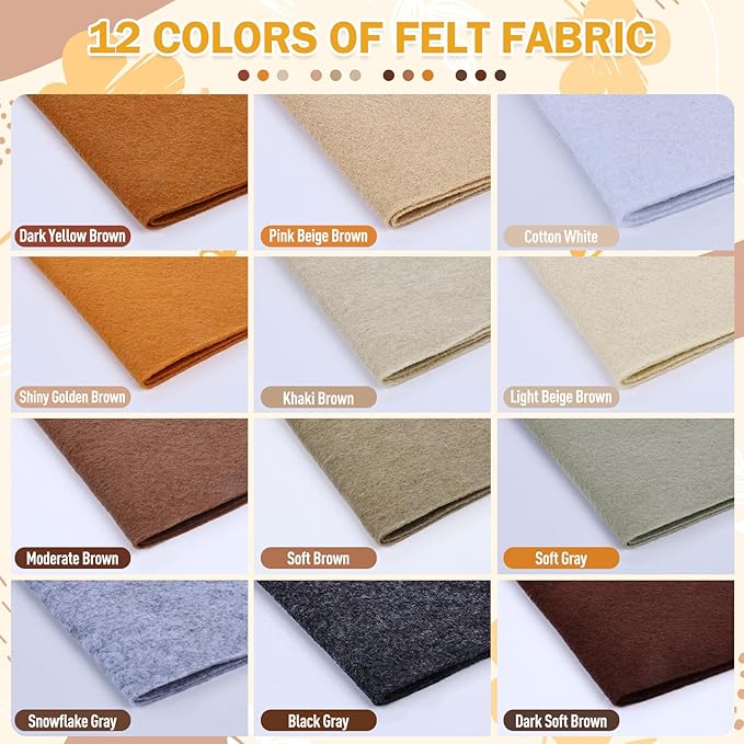 12 Rolls 8"x35" 1.4mm Thick Soft Felt Fabric Sheet 12 Assorted Brown Series Colors Felt Pack Pastel Felt Sheets for DIY Craft Sewing Squares Nonwoven Patchwork