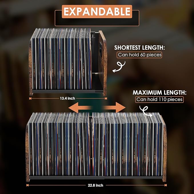 Vinyl Record Storage Holder, Expandable Record Holder Rack With Movable Divider, 110 LP Album Display Shelf Stand, Magazine Holder (Rustic Brown)