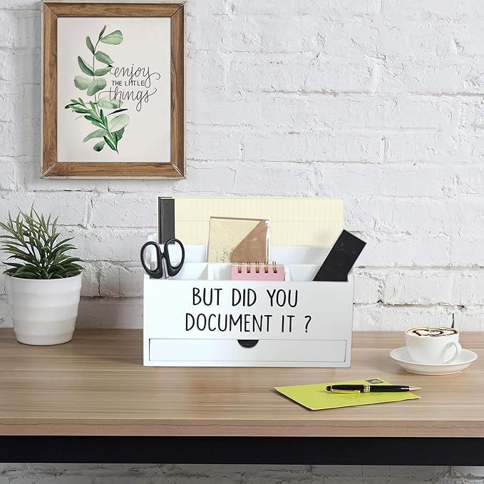 Wooden White Rustic Countertop Mail Storage Holder with Drawer and Compartments - Office Desk Accessories and Workspace Organizers - Desktop Sorter for Pen Stationery Letter Files Documents