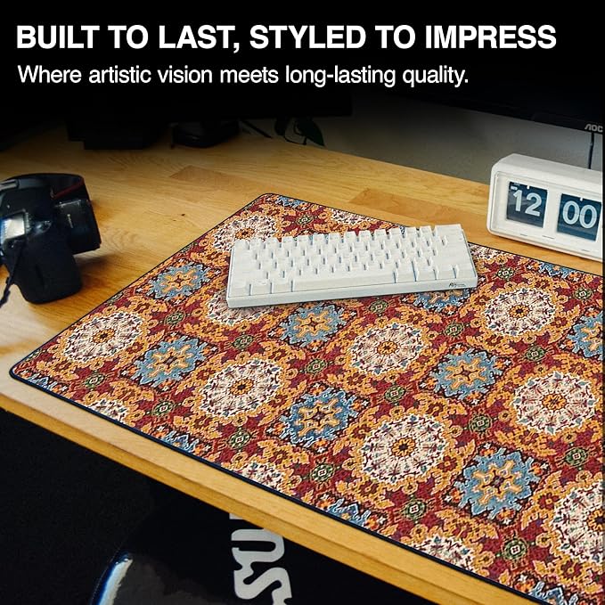 MPCO. Arabic Textiles Large Gaming Desk Pad - 36" x 17" Duraglyde Fabric Scarlet-Fields Desk Mats - Non-Slip, Washable, Smooth Glide for Precision Gaming & Work