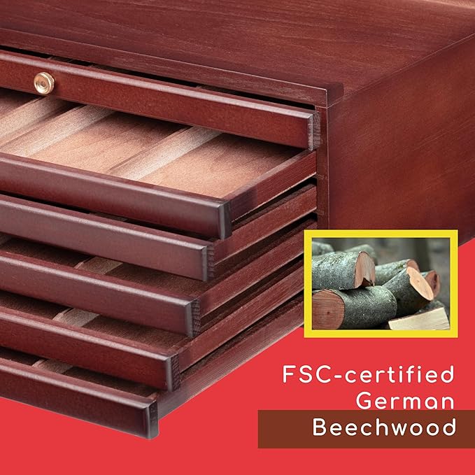 MEEDEN 6-Drawer Wood Artist Supply Storage Box, Portable Beechwood Multifunctional Pencil Brush Organizer Wood Box with Drawer&Compartments for Pastels, Pencils, Pens, Makeup Brushes(Mahogany Color)