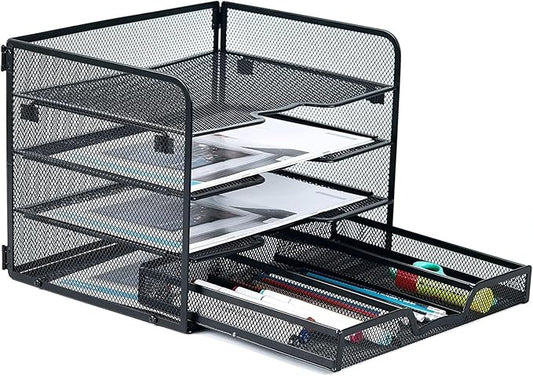 SETTFRFE 4 Tier Mesh Paper Letter Tray,Desk File Organizer with A Sliding Drawer,Office Supplies Desk Organizer for Home Office,Black.