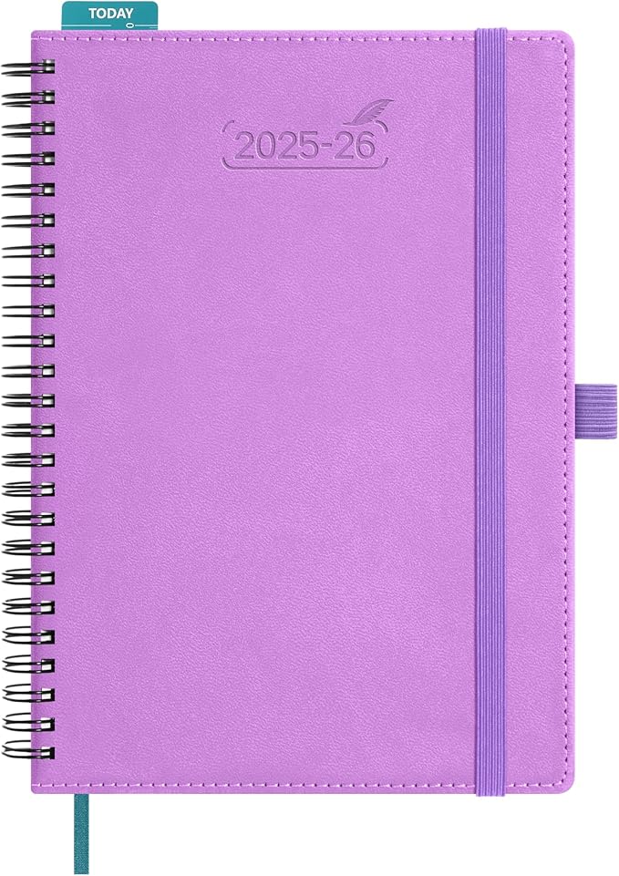 BEZEND Planner 2025-2026 Weekly and Monthly, 5.8" x 8.5" Academic Calendar (Jul 25-Dec 26) Vertical Daily Appointment with Hourly Timeslot & Monthly Tab, Spiral, PU Leather Softcover - Lavender