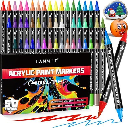 50 Colors Acrylic Paint Markers, Dual Tip Acrylic Paint Pens with Fine Tip and Brush Tip for Rock Painting, Ceramic, Wood, Plastic, Calligraphy, Scrapbooking, Brush Lettering, Card Making, DIY Crafts