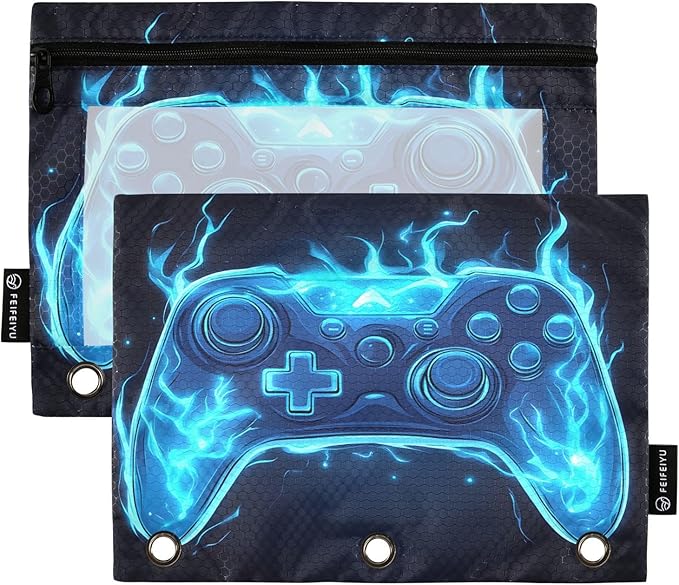 Joystick Gamepad Blue Flame Pencil Pouch for 3 Ring Binder, 2 Pack Waterproof Pencil Bags Clear Window Zipper School Office Supplies