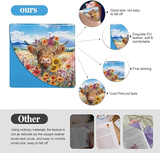 4 Pcs Highland Cow Leather Bookmark Cute Sunflower Book Corner Bookmarks Floral Book Accessories for Women Book Lovers Reading Lover Teacher Student Girls Gift