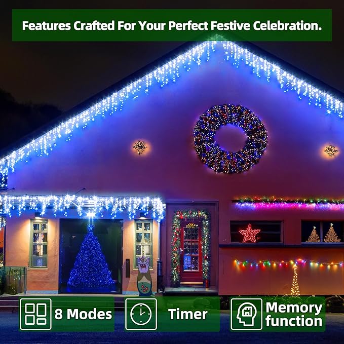 1296 LED Outdoor Christmas Lights with 288 Drops, 131FT Christmas Fairy Lights with 8 Modes Timer, Twinkly Lights IP44 Waterproof for Eaves Yard Holiday Wedding Party Decor Blue & Cool White
