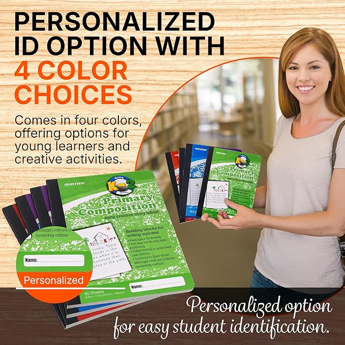 Mintra Primary Composition Notebook, 4 Pack, Assorted Colors 80 Sheets, 7.5in x 9.75in, 1/2 Sheet, Ruled with Drawing Area, Flexible Hardcover Journal, Grades K-2, School & Home Use