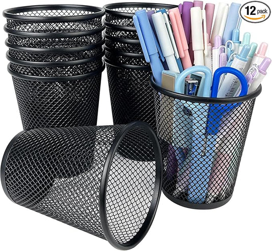 12 Packs Pen Holders, Mesh Pen Cup, Metal Pencil Holders for Desk, Multifunctional Organizer for Office School Home Makeup Brush (Black)