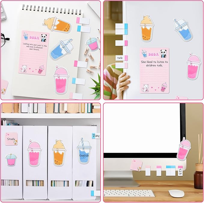 Xqumoi I Just Really Like Boba Sticky Notes Set, 550 Sheets, Cute Bubble Tea Self-Stick Notes Pads Milk Tea Theme Divider Tabs Bundle Writing Memo Pads Back to School Office Supplies Small Gift