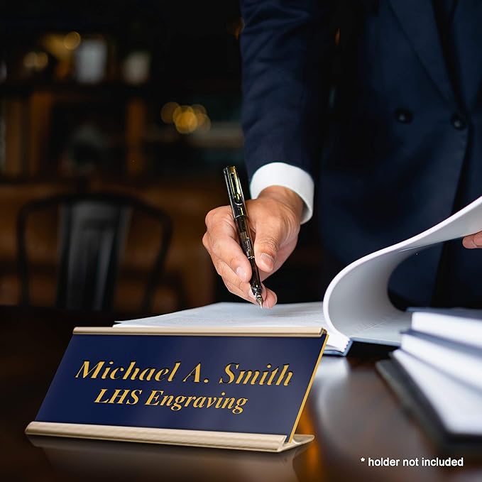 Engraved Custom Door Plate Navy Blue Plastic Office Door Sign with Gold Letters - Made in USA 2x12 B10