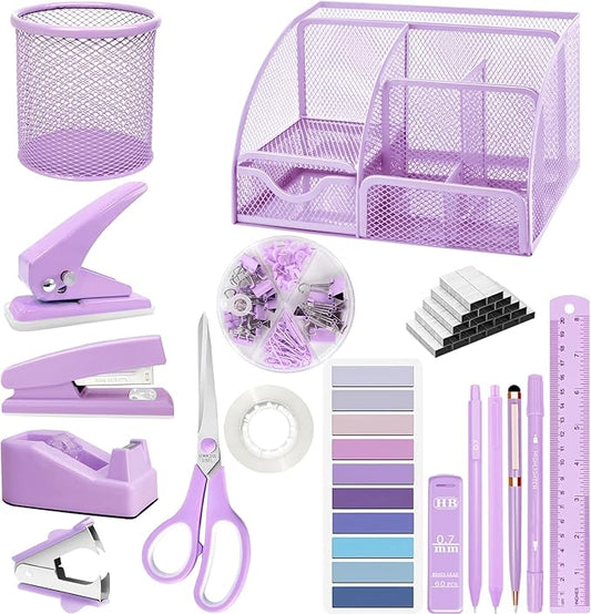 Purple Desk Accessories, 17Pcs Purple Office Supplies Set Include Mesh Desk Organizer, Stapler, Tape Dispenser, Staple Remover, Pen Holder, Clips, Pens, Ruler, for Office Home School Women