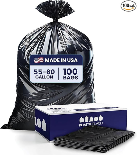Plasticplace 55-60 Gallon Trash Bags │ 1.5 Mil │ Black Heavy Duty Garbage Can Liners │ 36” x 58” (100 Count)