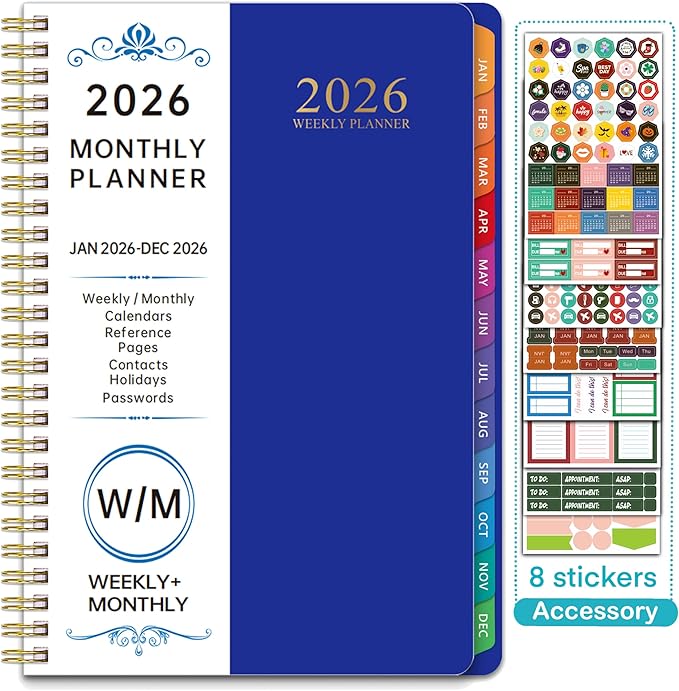 2026 WeeklyMonthlyand Yearly Planning Calendar with 8 Stickers, 6" x 8.25" Planner, Softcover, Spiral Bound, Laminated Labels, Laurel Series(Blue)