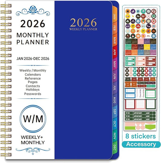2026 WeeklyMonthlyand Yearly Planning Calendar with 8 Stickers, 6" x 8.25" Planner, Softcover, Spiral Bound, Laminated Labels, Laurel Series(Blue)