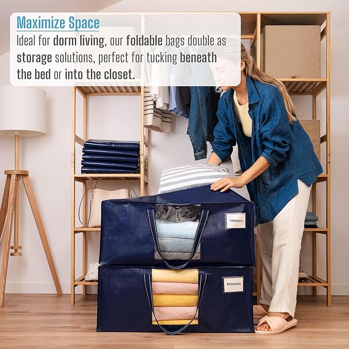 VENO 6 Pack Moving Bags Extra Large Storage Bags for College Move-In, Heavy-Duty Storage Totes, Packing Boxes, and Wardrobe Moving Supplies - Durable Laundry Bags for Clothes (Blue w/Window, 6 Pack)