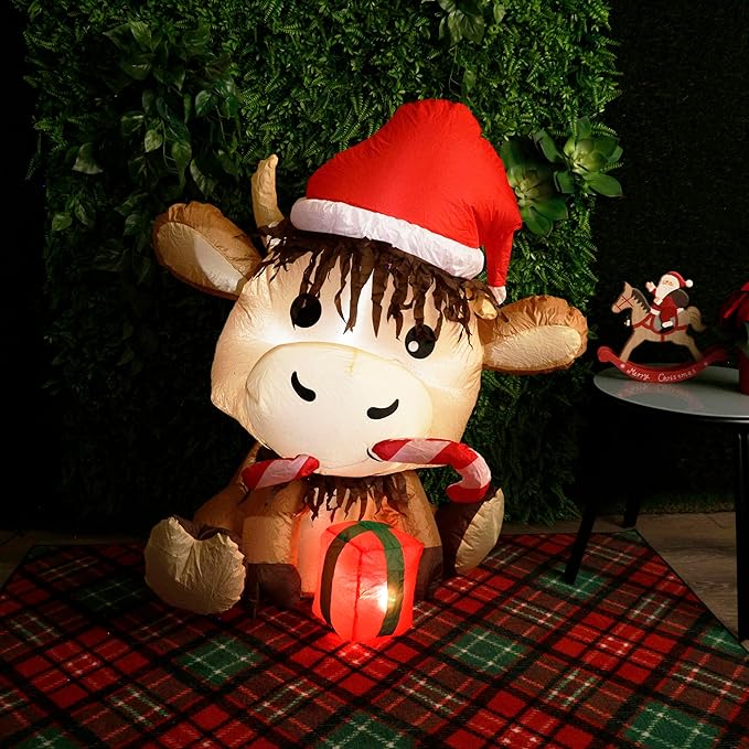 Alpine Corporation 41" Tall Inflatable Highland Cow Christmas Decor with Cool White LED Lights, 50 Lumen Outdoor Display