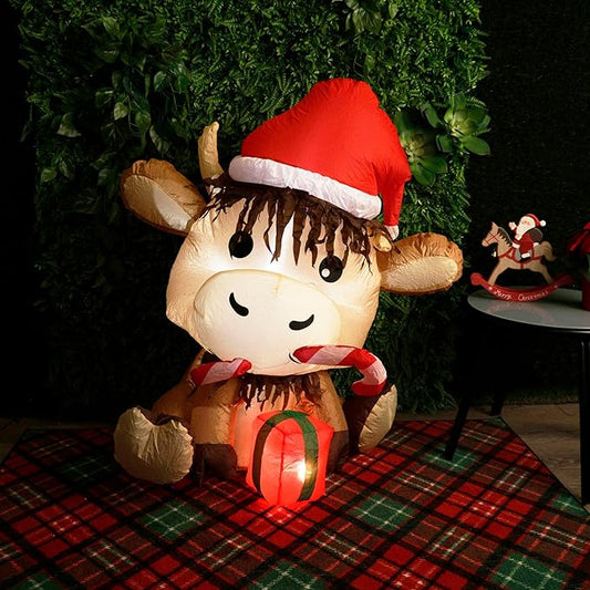 Alpine Corporation 41" Tall Inflatable Highland Cow Christmas Decor with Cool White LED Lights, 50 Lumen Outdoor Display