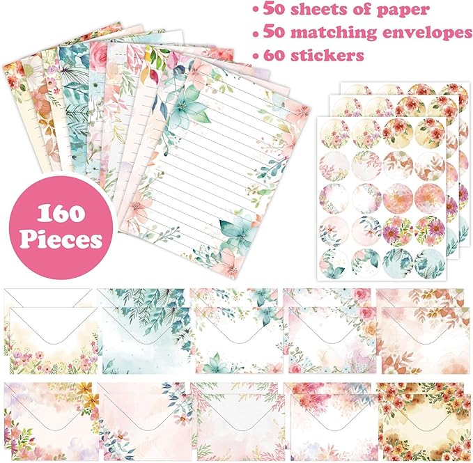 160 Packs Stationery Paper and Envelopes Set 10 Different Designs, 50 One Sided Stationery Writing Papers with 50 Matching Envelopes and 60 Round Dot Sticker, 5.5 x 8.25 Inch (Flower)