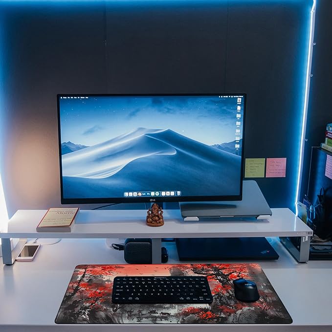 Desk Mat, Red Landscape Painting Desk Pad, Ink Painting Large Gaming Mouse Pad for Desk, 31.5"x15.7" Extended Big Computer Keyboard Mouse Pad with Non-Slip Base and Stitched Edge