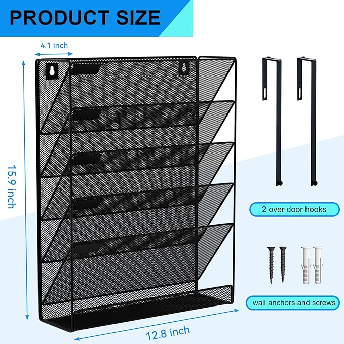 6-Tier Hanging File Organizer Office Cubicle Accessories for Work Organizer Wall Mount File Holder for Mails Folders Papers Magazine Organization, Black