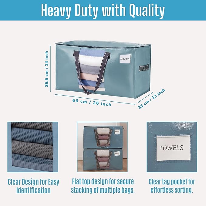 VENO 6 Pack Moving Bags, Comforter and Blanket Storage Bags for Closet, Moving Boxes, Boxes with Lids Alternative, College Dorm Packing Supplies, Foldable Heavy-Duty Tote (Shiny Light Blue, 6 Pack)