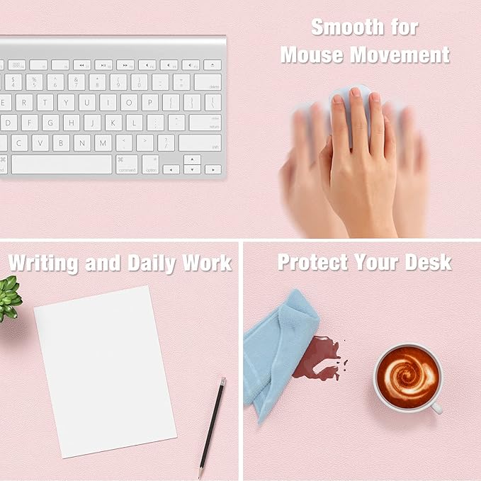 Hsurbtra Desk Pad, 23.6" x 13.8" PU Leather Desk Mat, M Extended Mouse Pad, Waterproof Desktop Blotter Protector, Non-Slip Ultra Thin Small Laptop Keyboard Writing Mat for Office Home, Pink