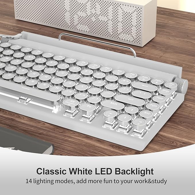 Retro Typewriter Wireless Mechanical Gaming Keyboard, Bluetooth 5.0 Office Computer Vintage Keyboards 83-Key Blue Switches Punk Round Keycap, LED Backlight, Compatible with PC/Laptop/Pad/Phone, White