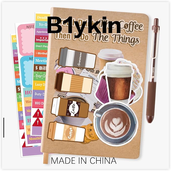 B1ykin Notebook Sticky Notes Stationery Set, 6Pcs Hardcover Ruled Journal Notebook with Planner Stickers, Neutral Pen Bookmarks Clips Birthday Gift for Office School Students (Coffee)