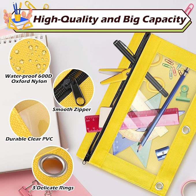 Pencil Pouch for 3 Ring Binder, 50 Piece Bulk 3 Holes Zipper Pencil Pouches in 5 Assorted Colors, Clear Durable Pencil Case for School, Classroom, Office Supplies