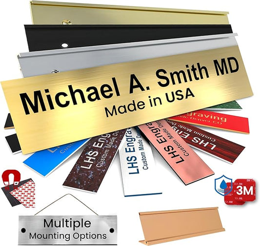 Engraved Name Plates for Door Sign Personalized Brushed Brass Plastic Plaque with Black Letters - Made in USA 2x12 M6