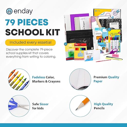 Enday 4th and 5th Grade School Supplies Kit - 79 Piece Back to School Supplies Kit, Premium Quality Kids School Supplies for Girls & Boys, Fourth & Fifth Grade Elementary School Supplies for Kids