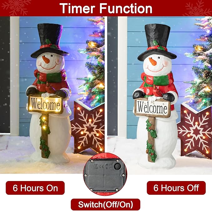 Glitzhome 29.25"H Christmas Resin Snowman Porch Decor with 8 Warm Lights and Timer, Xmas Winter Wall Yard Standing for Patio Front Porch Indoor Outdoor Home Welcome Sign Decor