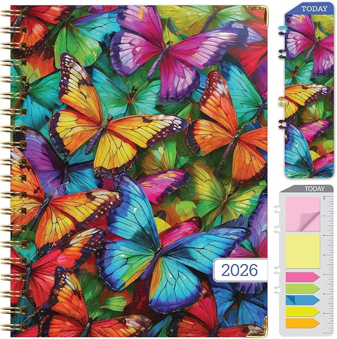 HARDCOVER 2026 Planner, 8.5"x11": 14 Months (November 2025 - December 2026), Daily Weekly Monthly Planner, Yearly Agenda, Bookmark, Pocket Folder and Sticky Note Set (Colorful Butterflies)