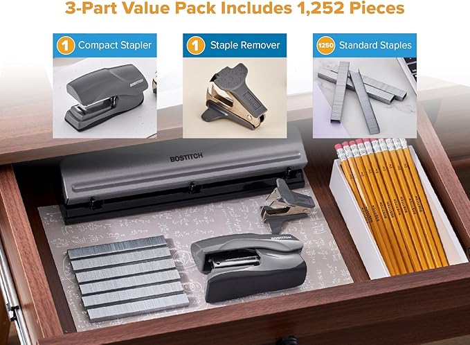 Bostitch Office Heavy Duty 40 Sheet Stapler with 1250 Staples & Claw Remover, Small Stapler Size, Fits into The Palm of Your Hand, Value Pack, Gray (B175-GRAY-VP)