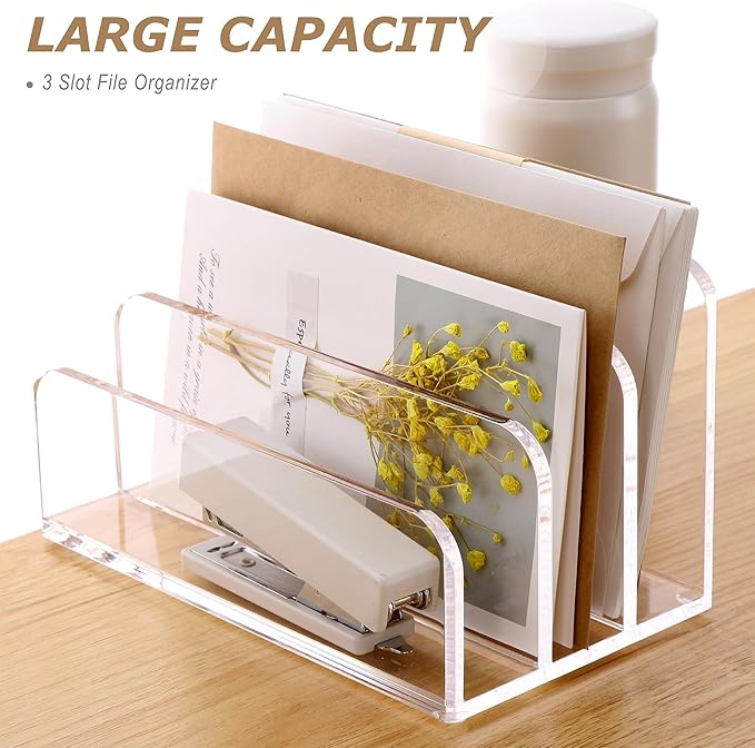 SANRUI Acrylic File Mail Desktop Organizer Sorters,3 Compartments Laddered Clear Desk Letter Organizer Office Document Sorter,Multifunction Envelope Folder Racks Holders for Office,Home, School