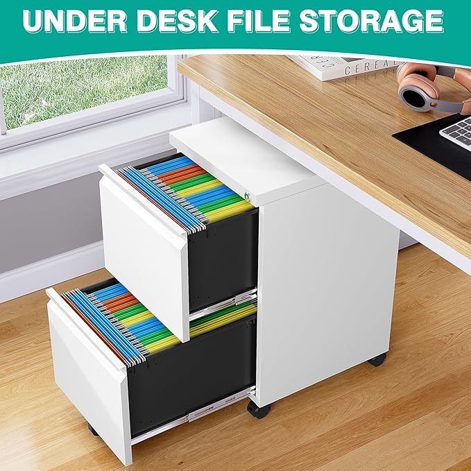 SISESOL Assembled 2 Drawer File Cabinet on Wheels,Metal Filing Cabinet with Lock,White Rolling File Cabinets,Under Desk Office Cabinets for Home Office,Fit A4/Letter/Legal,Pre-Assembled Except Caster