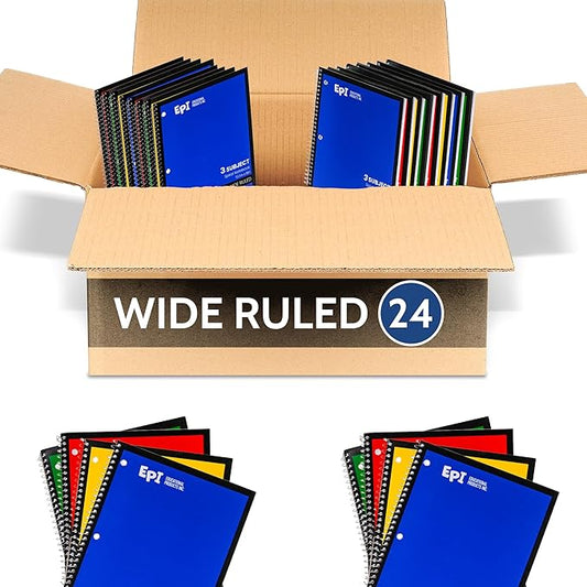 EPI Spiral Notebook | 3 Subject - Wide Ruled - 120 Sheets, Durable Spiral Binding | 10.5 x 8 in | Classroom Supplies | School, Office, Note Taking, Journaling - 24 Pack