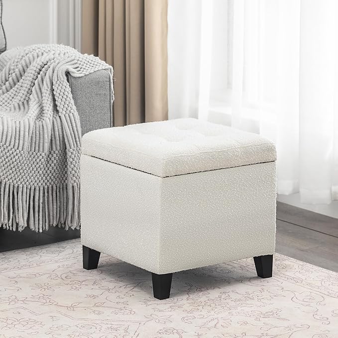 Adeco 18 Inch High Cube Ottoman Storage, Linen Chair Foot Stools, Upholstered Vanity Stool with Hinged Lid, Solid Wood Legs (White Circle Yarn)