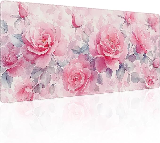 31.5”x11.8”Large Gaming Mouse Pad for Desk, Mouse Mat with Seamed Edges, Waterproof Desk Pad, Non-Slip Rubber Base, Keyboard Pad Computer Mat, Big XL Mousepad-Pink Roses Watercolor