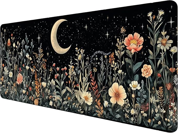 Cute Mystical Plants Desk Pad Whimsical Moon Stars Extended Gaming Mouse Mat with Stitched Edge Non-Slip Base - Big Office Computer Keyboard Laptop Home - 31.5"x11.8"