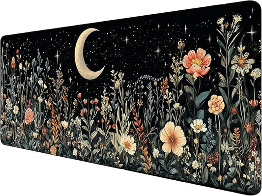 Cute Mystical Plants Desk Pad Whimsical Moon Stars Extended Gaming Mouse Mat with Stitched Edge Non-Slip Base - Big Office Computer Keyboard Laptop Home - 31.5"x11.8"