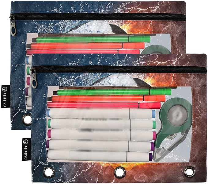 Soccer Ball Football Fire Water Pencil Pouch for 3 Ring Binder, 2 Pack Waterproof Pencil Bags Clear Window Pencil Case Zipper School Office Supplies