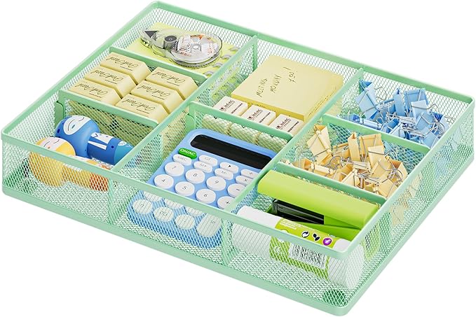 Marbrasse Desk Drawer Organizer, Metal Mesh Drawer Organizer Tray with 5 Adjustable Compartments,Desk Organizers and Accessories for Home,Office,Kitchen,Makeup,Vanity (Green)