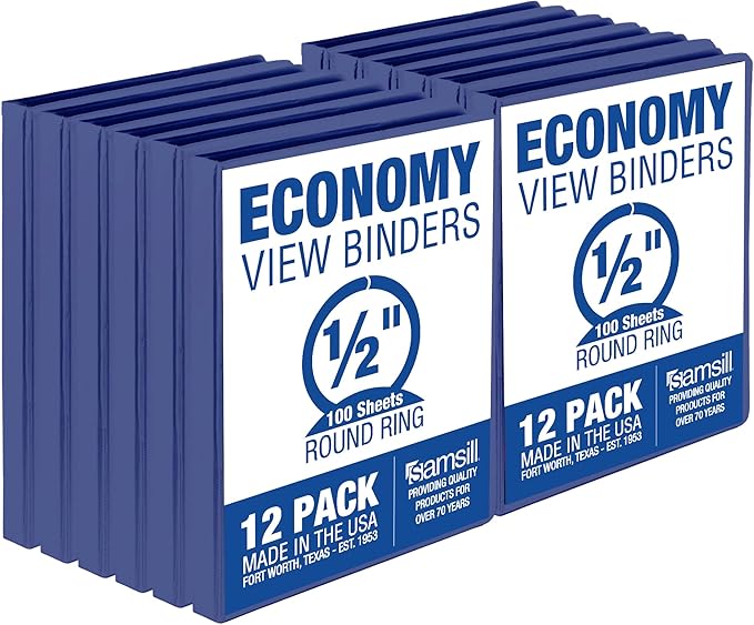 Samsill 0.5 Inch 3 Ring Binders, Made in USA, Economy Round Ring, Clear View Cover, 100 Sheet Capacity - for School, Home, Office - Blue, 12 Pack