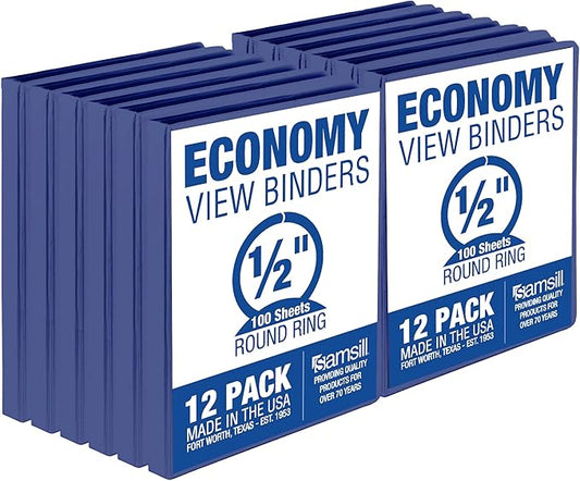 Samsill 0.5 Inch 3 Ring Binders, Made in USA, Economy Round Ring, Clear View Cover, 100 Sheet Capacity - for School, Home, Office - Blue, 12 Pack